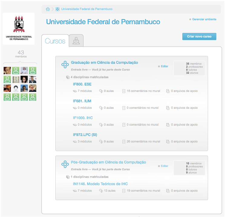 Página do Ambiente Virtual de Aprendizagem com um curso criado