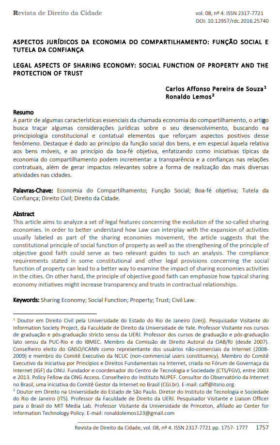 Aspectos Jurídicos da Economia do Compartilhamento: Função Social e Tutela da Confiança
