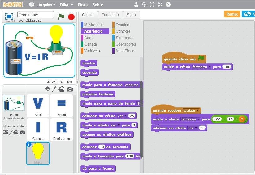 Programa Scratch que apresenta animação ilustrando a Lei de Ohms