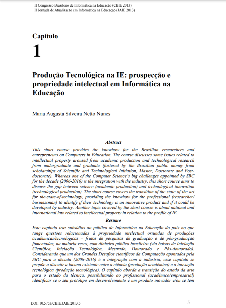 Produção Tecnológica na IE: Prospecção e Propriedades Intelectual em Informática na Educação