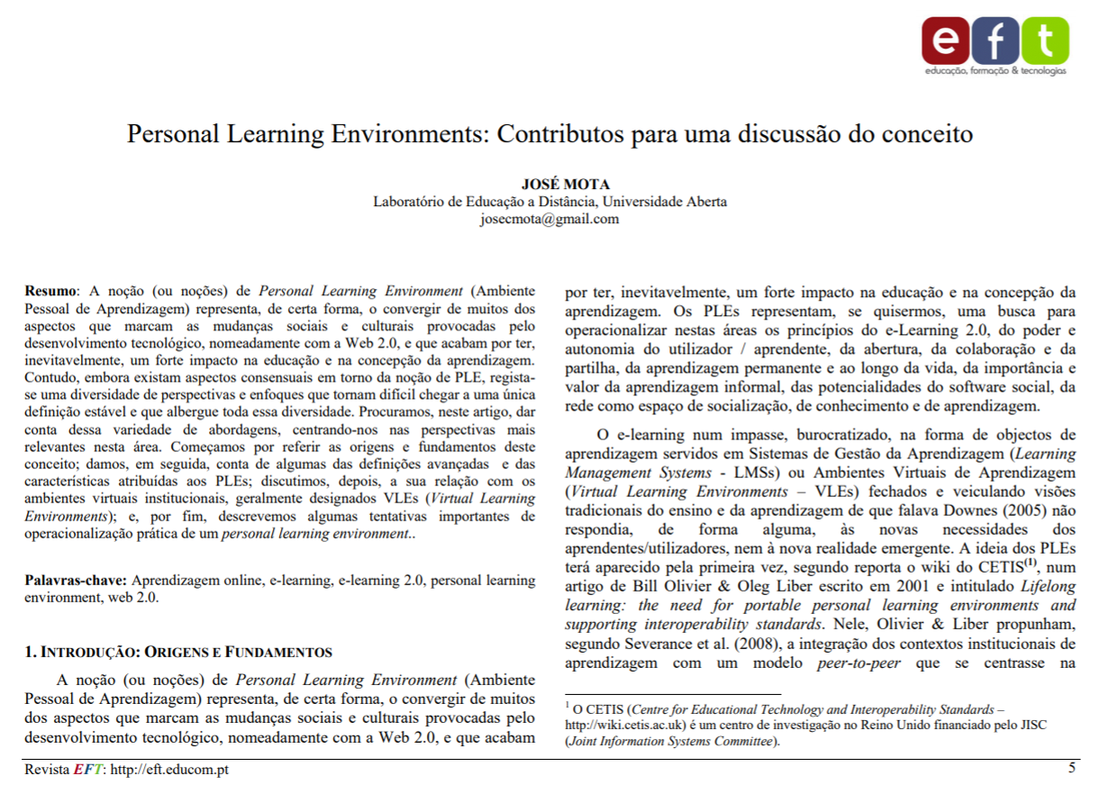 Personal Learning Environments: Contributos para uma discussão do conceito